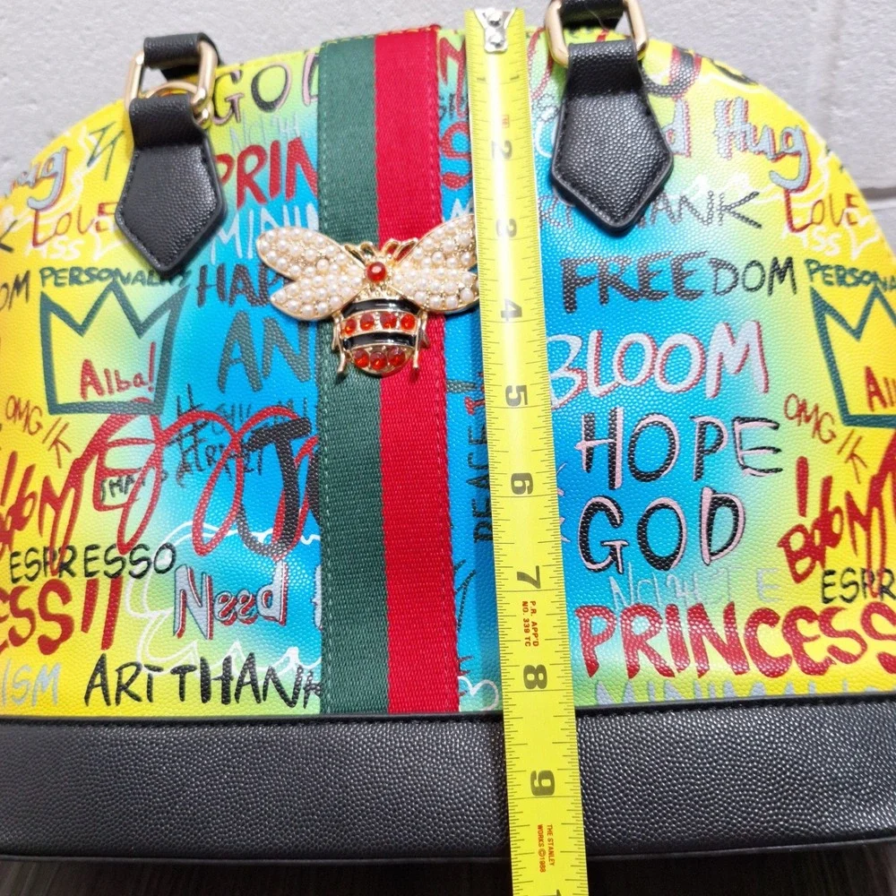 Alba Graffiti Print Dome Satchel Bag Multicolor Bee Emblem Web Stripe Street Art